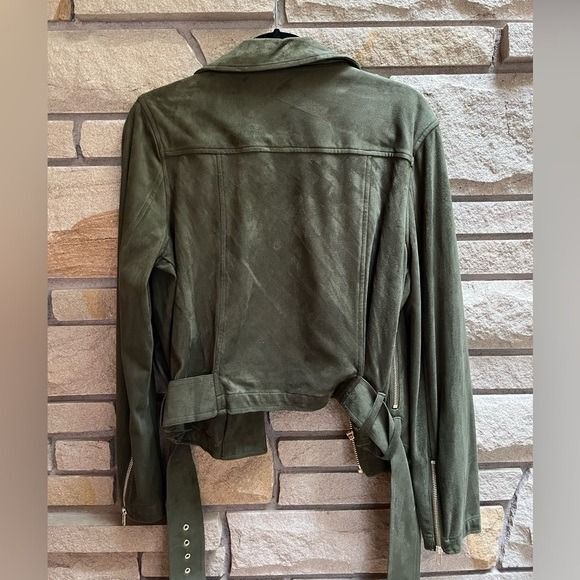 JLO Jennifer Lopez Faux Suede Belted Moto Jacket Olive Green Large NWOT - Picture 3 of 7